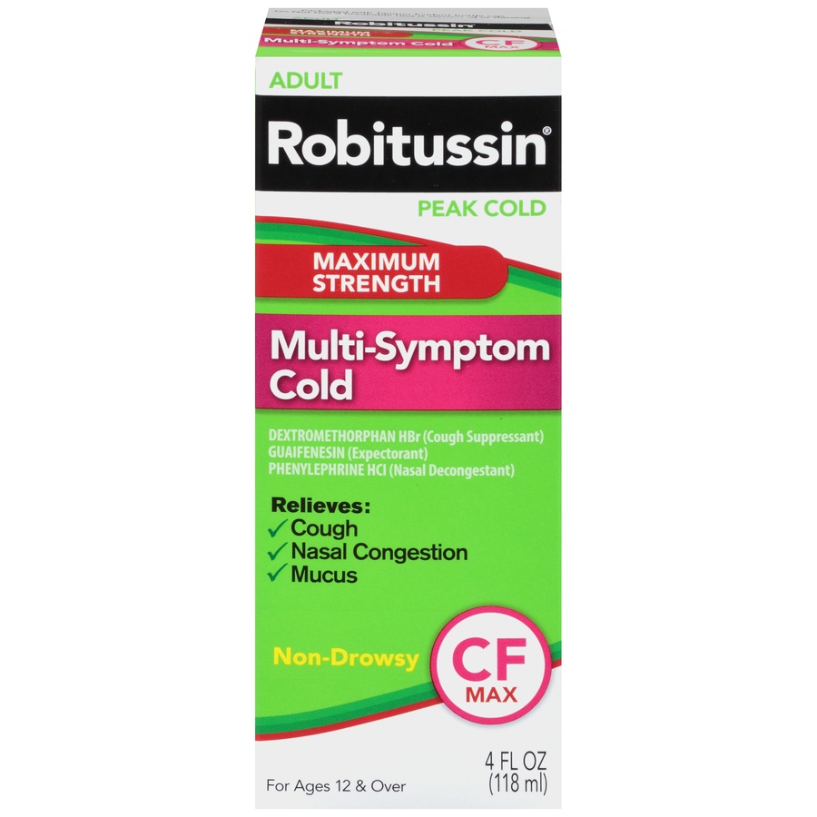 slide 1 of 6, Robitussin Peak Cold Maximum Strength Multi-Symptom Cold CF Non-Drowsy Liquid, 4 oz