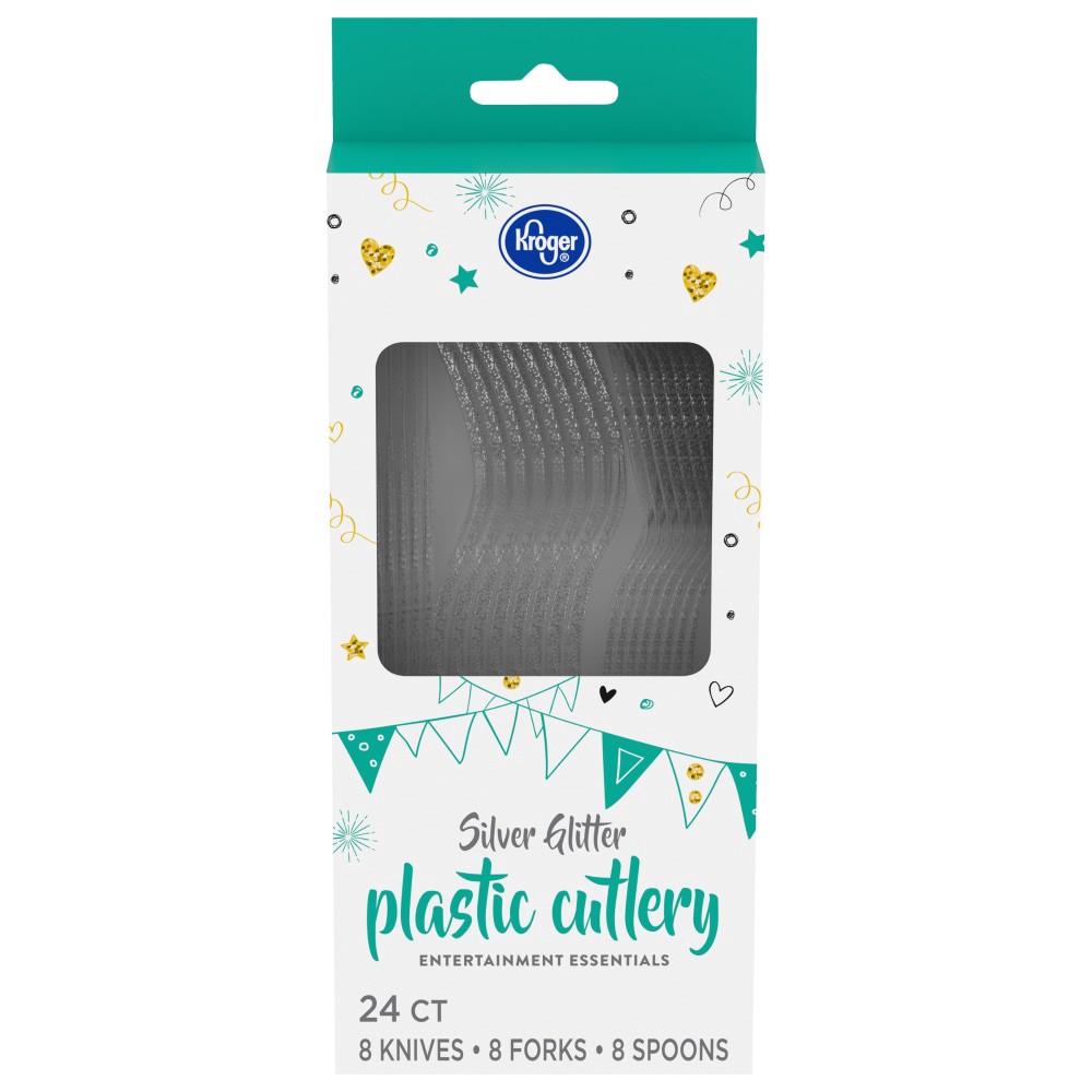 slide 1 of 2, Kroger Silver Glitter Plastic Cutlery, 24 ct