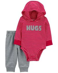Carter's Baby 2-Piece Striped Hugs Hooded Bodysuit Pant Set Red/Heather 9M