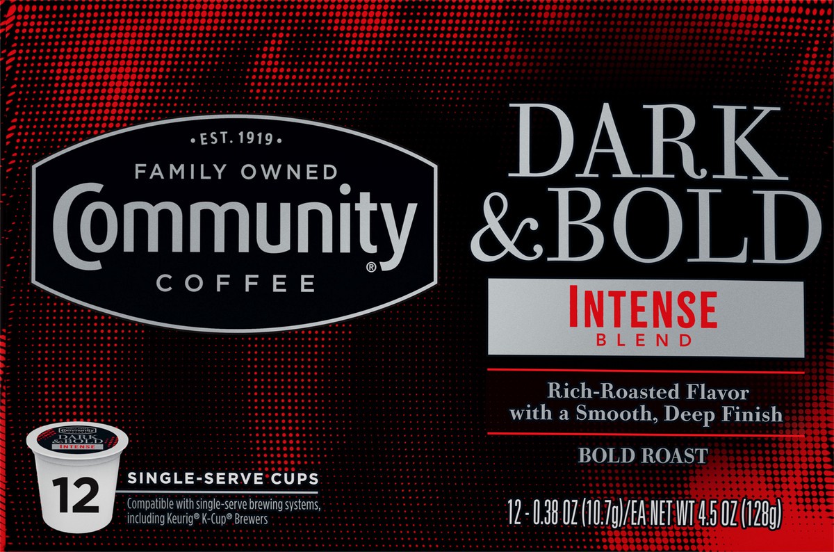 slide 9 of 11, Community Coffee Coffee, Dark & Bold, Bold Roast, Intense Blend, Single-Serve Cups, 12 ct