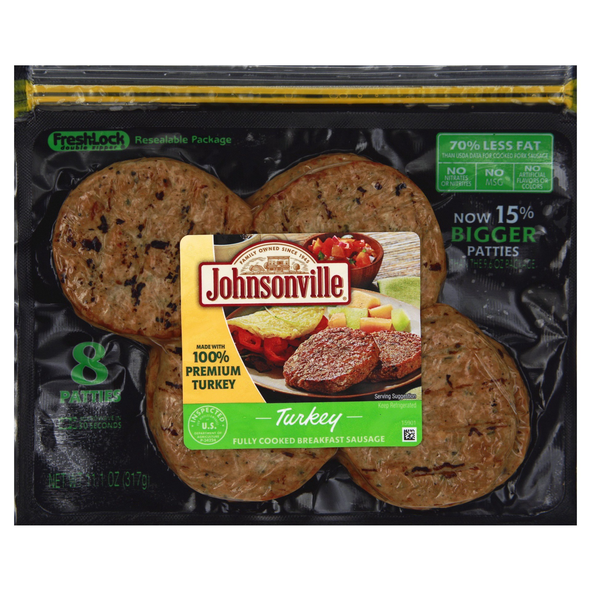 slide 1 of 3, Johnsonville Fully Cooked Turkey Breakfast Sausage Patties, 8 Count, 11.1 oz, 8 ct