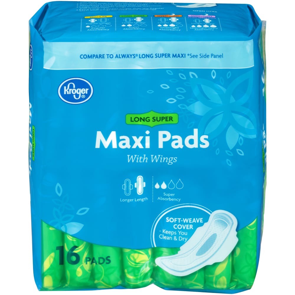 slide 1 of 1, Kroger Super Long With Wings Maxi Pads, 16 ct