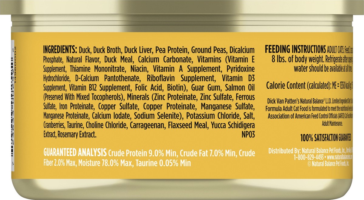 slide 5 of 7, Natural Balance L.I.D. Limited Ingredient Diets Duck & Green Pea Formula Wet Cat Food, 3-Ounce Can, 3 oz
