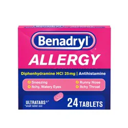 Benadryl Ultratabs Antihistamine Allergy Relief Medicine, 25 mg Diphenhydramine HCl Tablets For Relief of Cold & Allergy Symptoms Such as Sneezing, Runny Nose, & Itchy Eyes & Throat, 24 ct