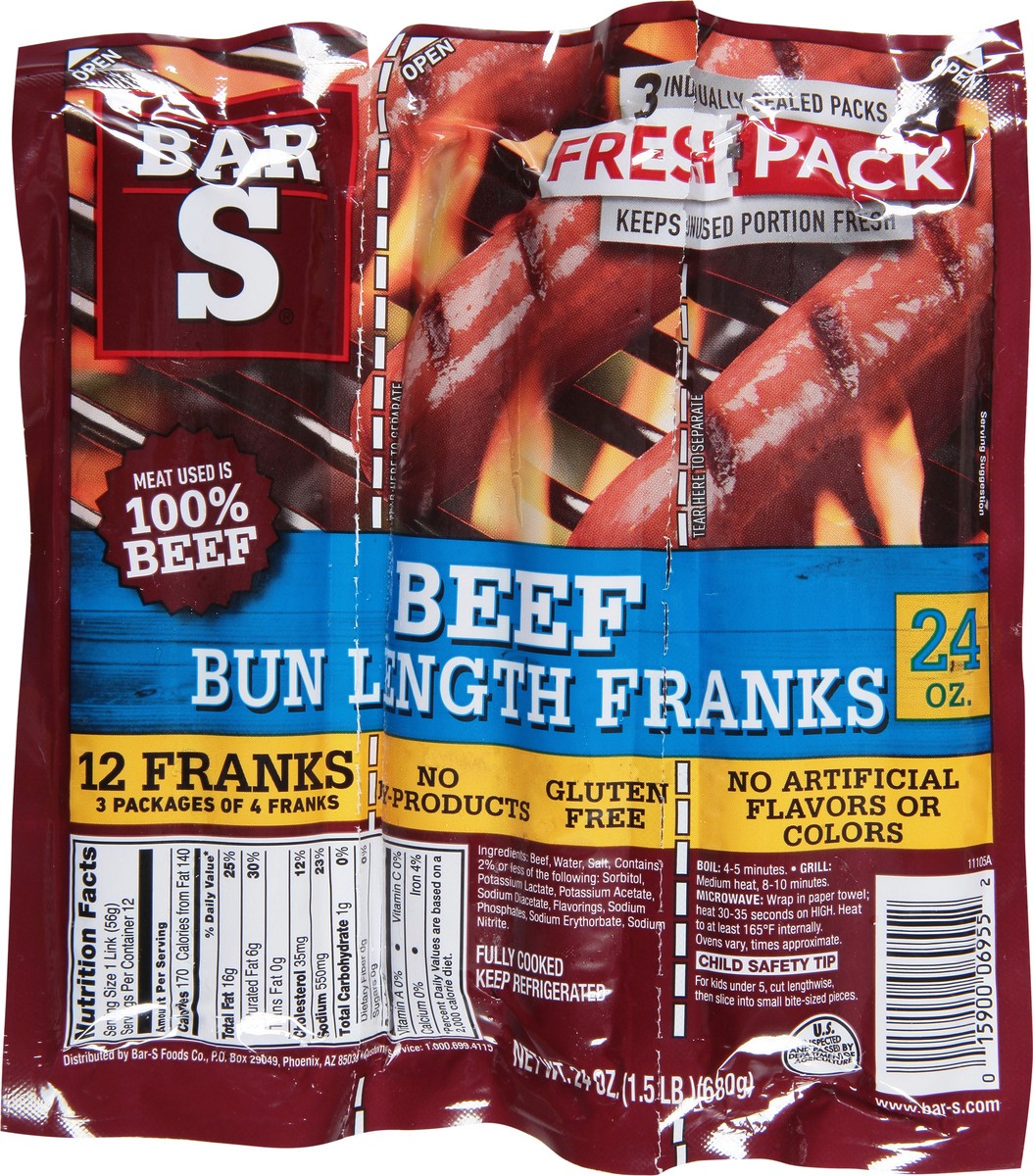 slide 3 of 11, Bar-S Bar S Beef Bun Length Franks, Fresh Pack, 12Ct, 24 oz