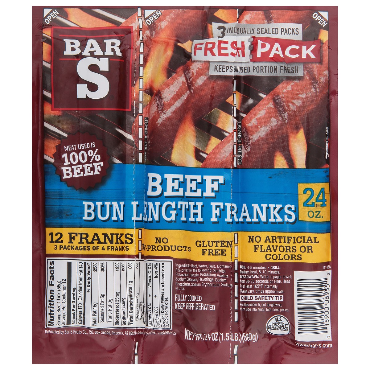 slide 11 of 11, Bar-S Bar S Beef Bun Length Franks, Fresh Pack, 12Ct, 24 oz