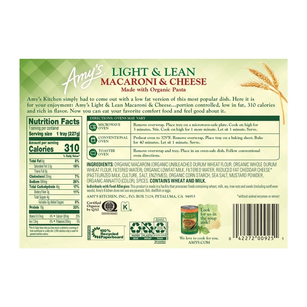 slide 2 of 3, Amy's  Frozen Light & Lean Macaroni & Cheese, 8 oz