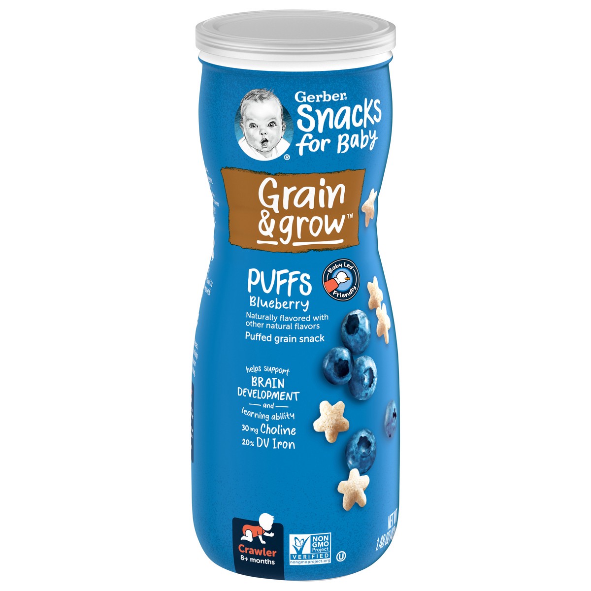 slide 7 of 9, Gerber Snacks for Baby Grain & Grow Puffs, Blueberry, 1.48 oz Canister, 1.48 oz