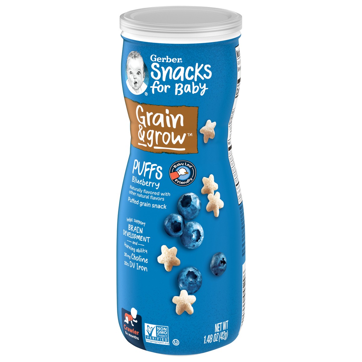 slide 2 of 9, Gerber Snacks for Baby Grain & Grow Puffs, Blueberry, 1.48 oz Canister, 1.48 oz