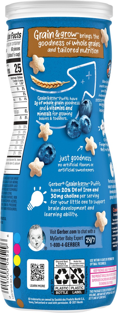 slide 8 of 9, Gerber Snacks for Baby Grain & Grow Puffs, Blueberry, 1.48 oz Canister, 1.48 oz