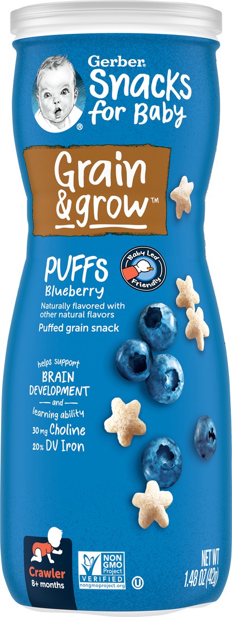 slide 5 of 9, Gerber Snacks for Baby Grain & Grow Puffs, Blueberry, 1.48 oz Canister, 1.48 oz