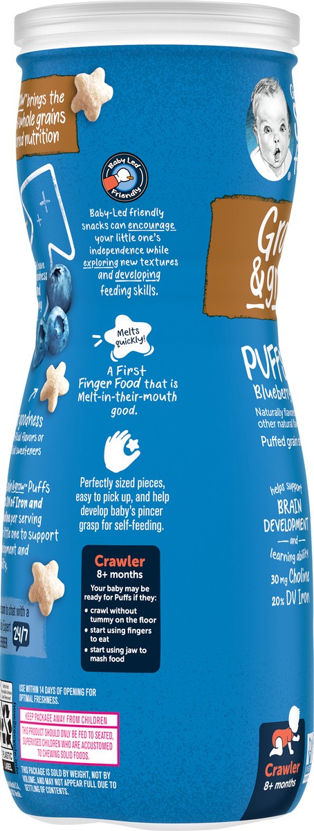 slide 6 of 9, Gerber Snacks for Baby Grain & Grow Puffs, Blueberry, 1.48 oz Canister, 1.48 oz