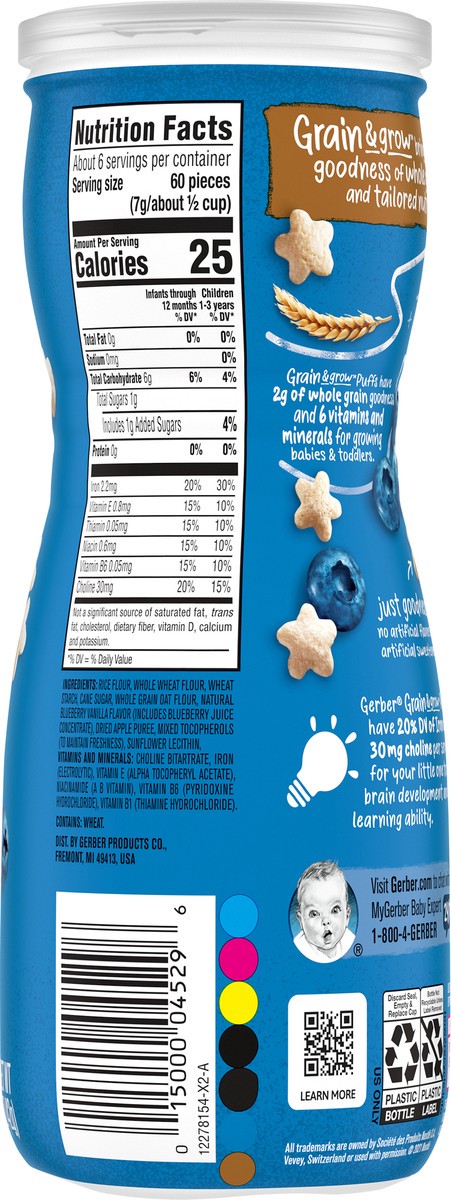 slide 3 of 9, Gerber Snacks for Baby Grain & Grow Puffs, Blueberry, 1.48 oz Canister, 1.48 oz