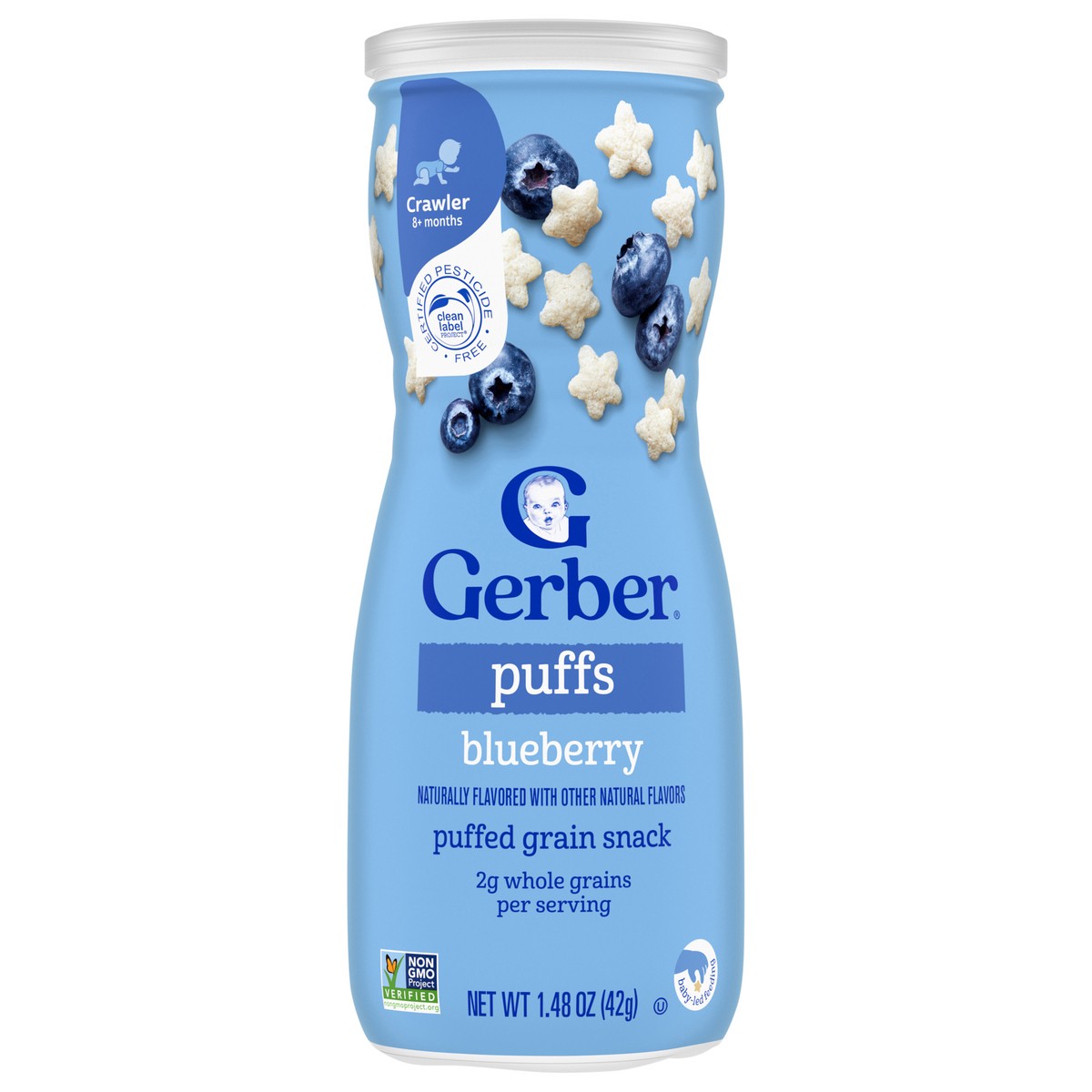 slide 1 of 9, Gerber Stage 3 Baby Snacks, Blueberry Puffs, Puffed Grain Snack, Baby Led Feeding, 1.48 oz