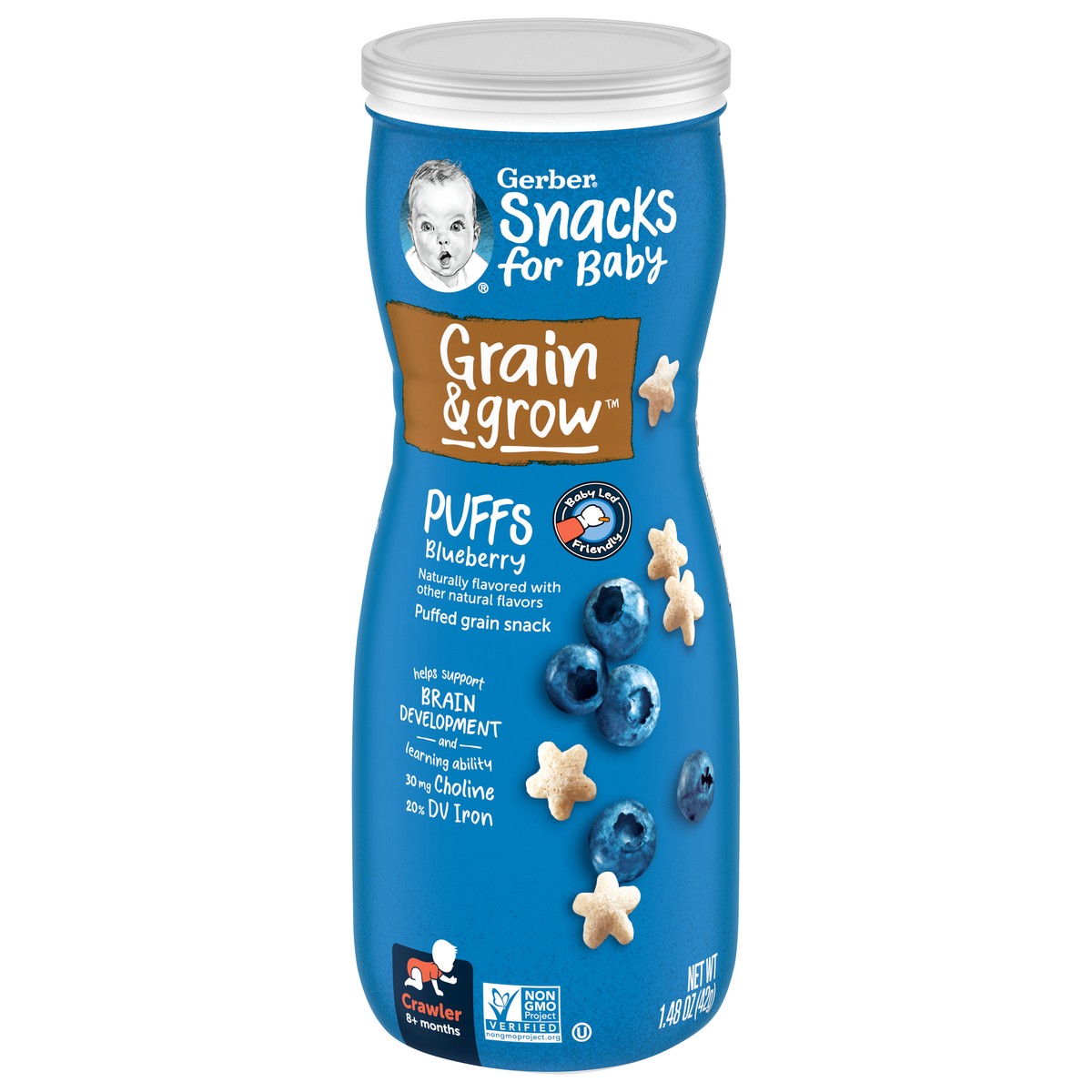 slide 1 of 9, Gerber Snacks for Baby Grain & Grow Puffs, Blueberry, 1.48 oz Canister, 1.48 oz