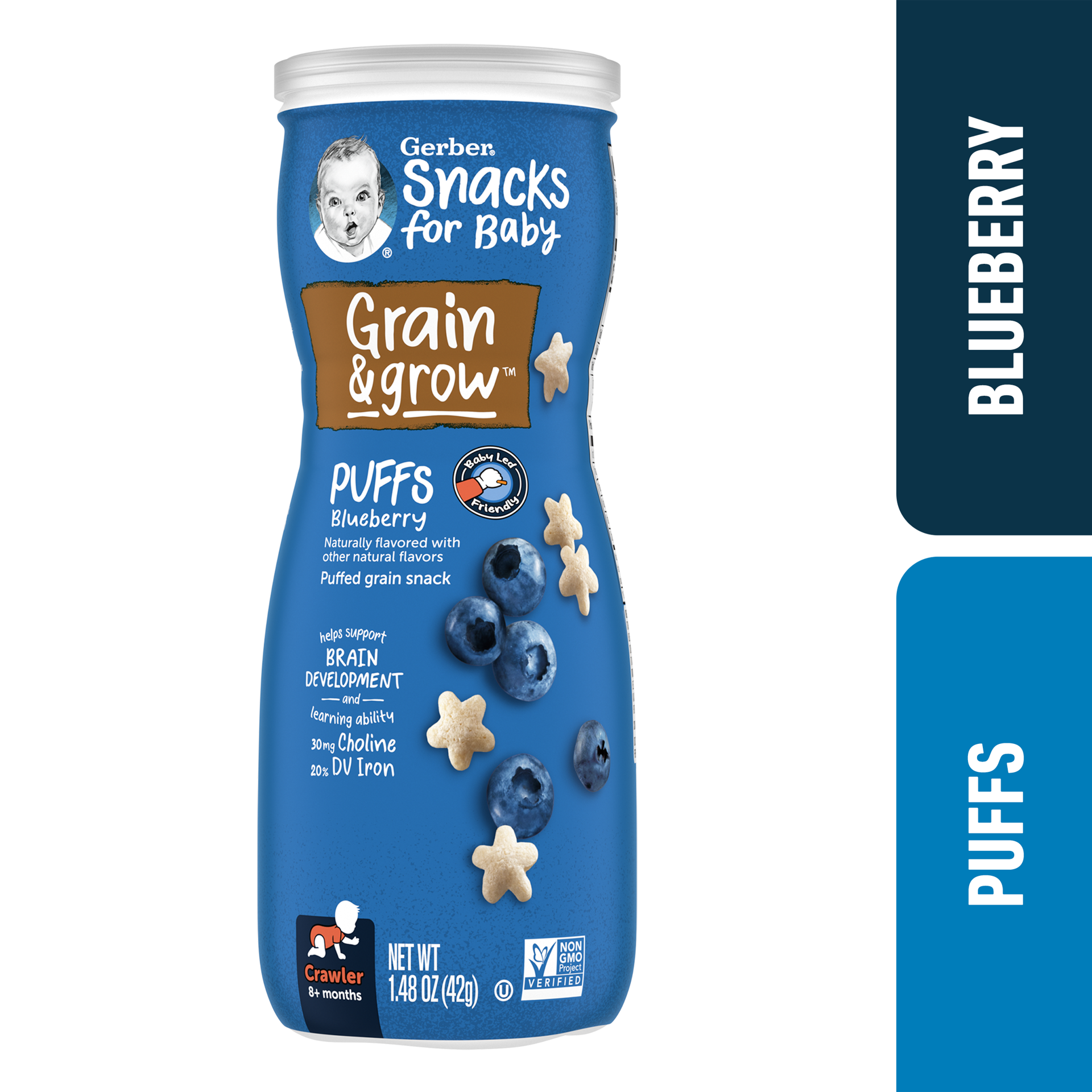 slide 1 of 9, Gerber Stage 3 Baby Food, Blueberry Puffs, 1.48 oz Canister, 1.48 oz