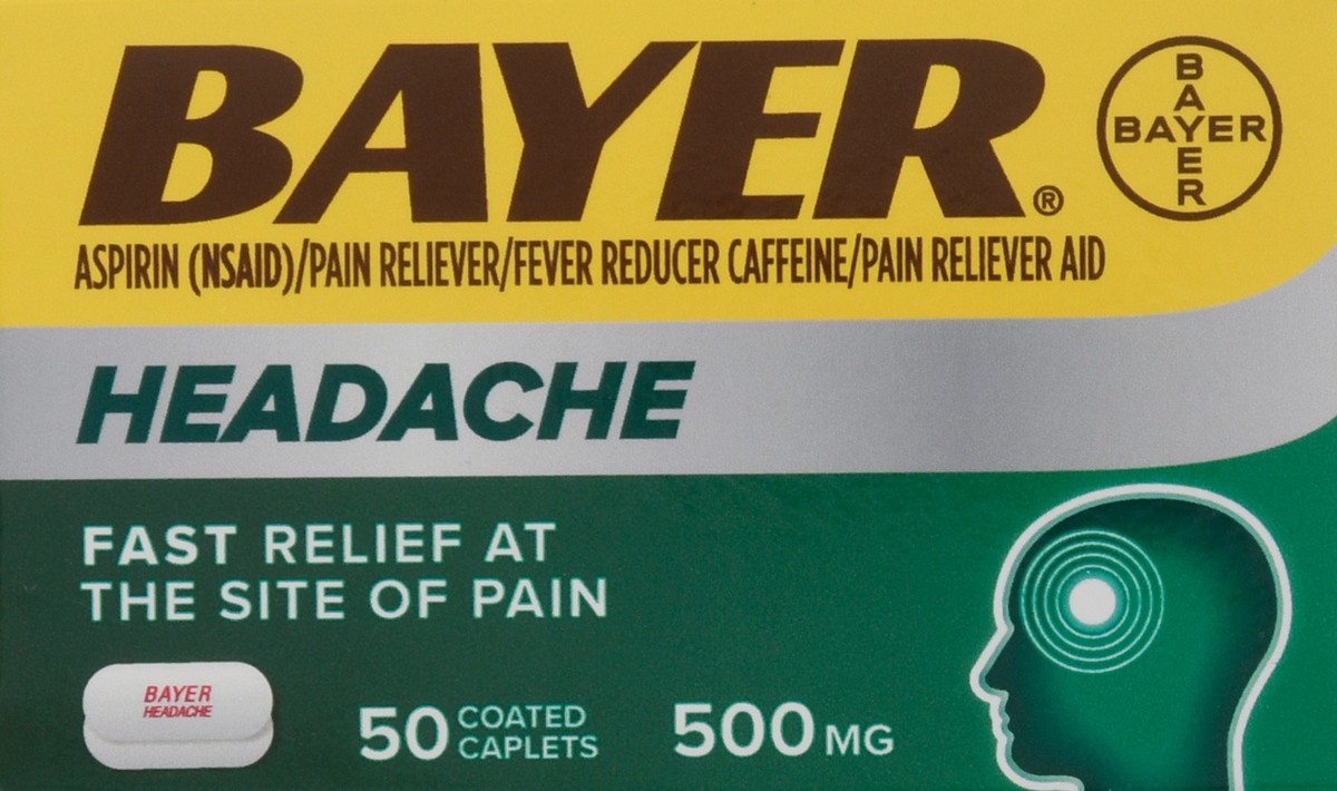 slide 9 of 12, Bayer Headache Asprin Pain Reliever with Caffeine 500mg Caplets, 50 ct