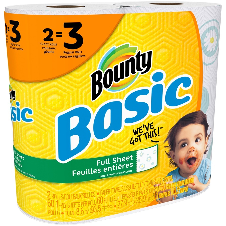 slide 1 of 1, Bounty Basic Print Paper Towels Giant Rolls, 2 ct