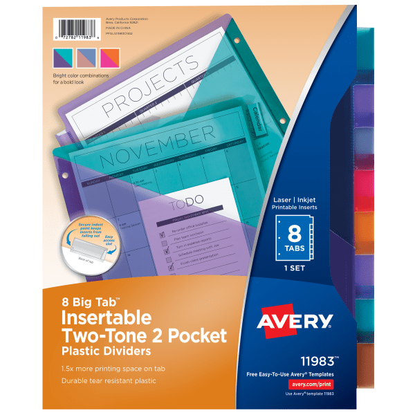 slide 1 of 1, Avery Big Tab Insertable Two-Tone 2 Pocket Plastic Dividers, 8-Tab, Multicolor, 1 ct