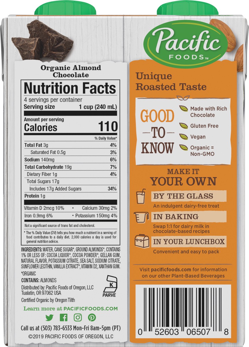 slide 10 of 12, Pacific Foods Organic Almond Chocolate Plant-Based Beverage, 8oz, 4-pack, 32 oz