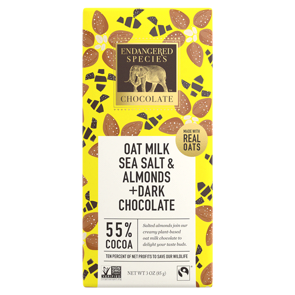 slide 1 of 11, Endangered Species 55% Cocoa Oat Milk Sea Salt & Almonds Dark Chocolate 3 oz, 1 ct