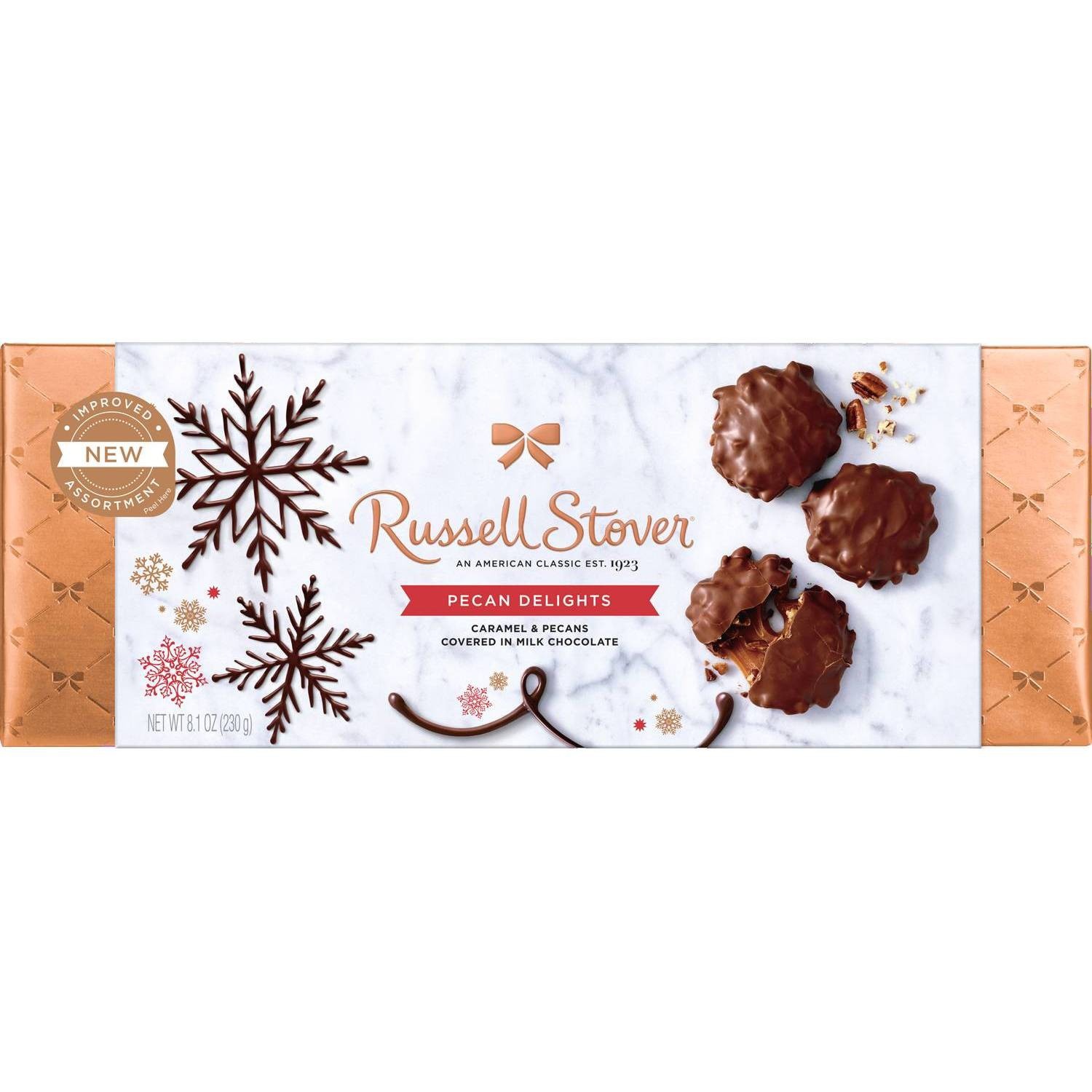 slide 1 of 1, Russell Stover Milk Chocolate Pecan Delights Holiday Bowline Box, 8.1 oz