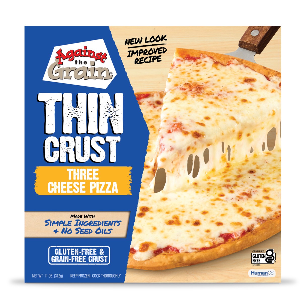 slide 5 of 10, Against the Grain Pizza, Thin Crust, Three Cheese, 11 oz