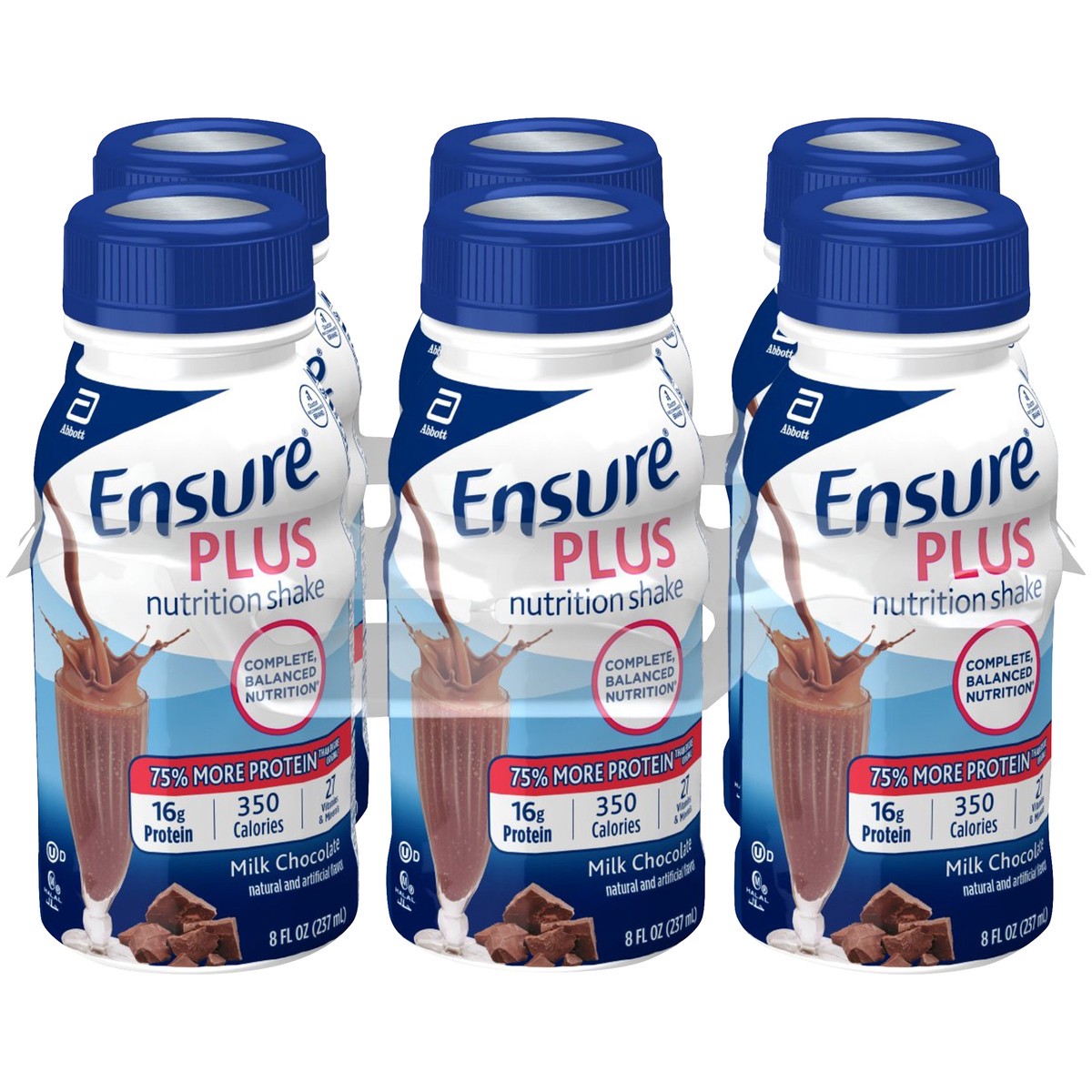 slide 1 of 9, Ensure Plus Nutrition Shake with 13 grams of high-quality protein, Meal Replacement Shakes, Milk Chocolate, 8 fl oz, 6 count, 48 fl oz