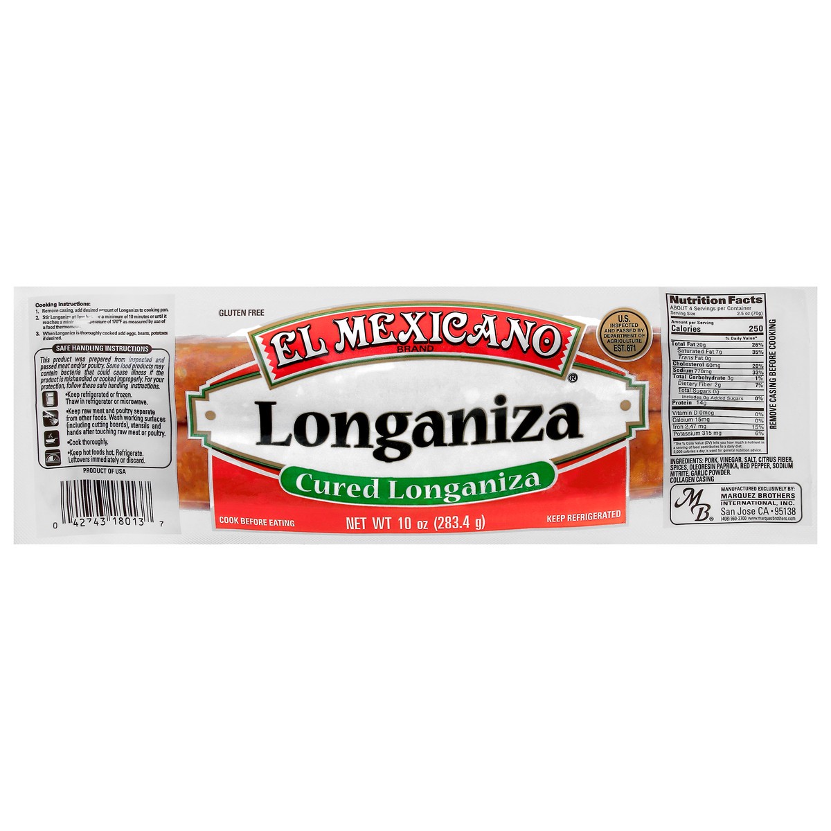 slide 1 of 5, El Mexicano Cured Longaniza 10 oz, 10 oz