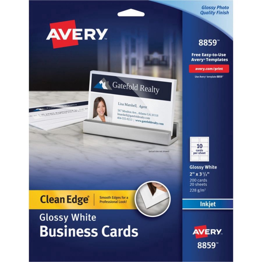 slide 3 of 3, Avery Inkjet Clean-Edge Business Cards, 2-Sided, White Gloss, 200 ct; 2 in x 3 1/2 in