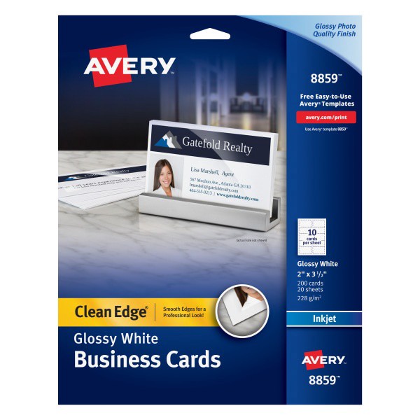 slide 1 of 3, Avery Inkjet Clean-Edge Business Cards, 2-Sided, White Gloss, 200 ct; 2 in x 3 1/2 in