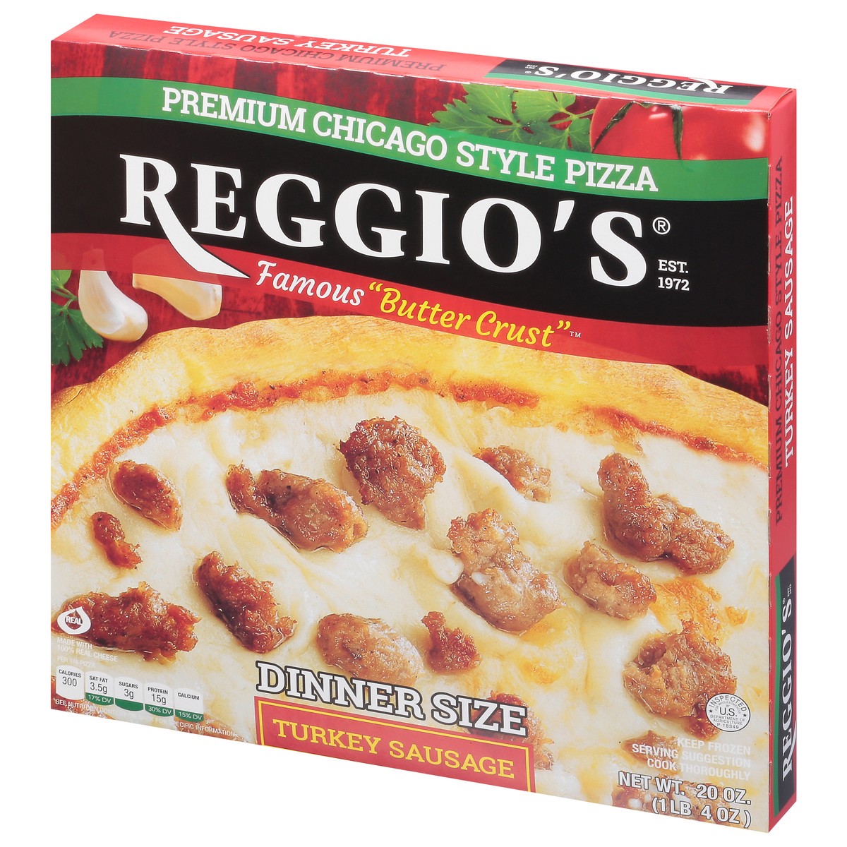 slide 9 of 14, Reggio's Premium Chicago Style Dinner Size Turkey Sausage Pizza 20 oz, 20 oz