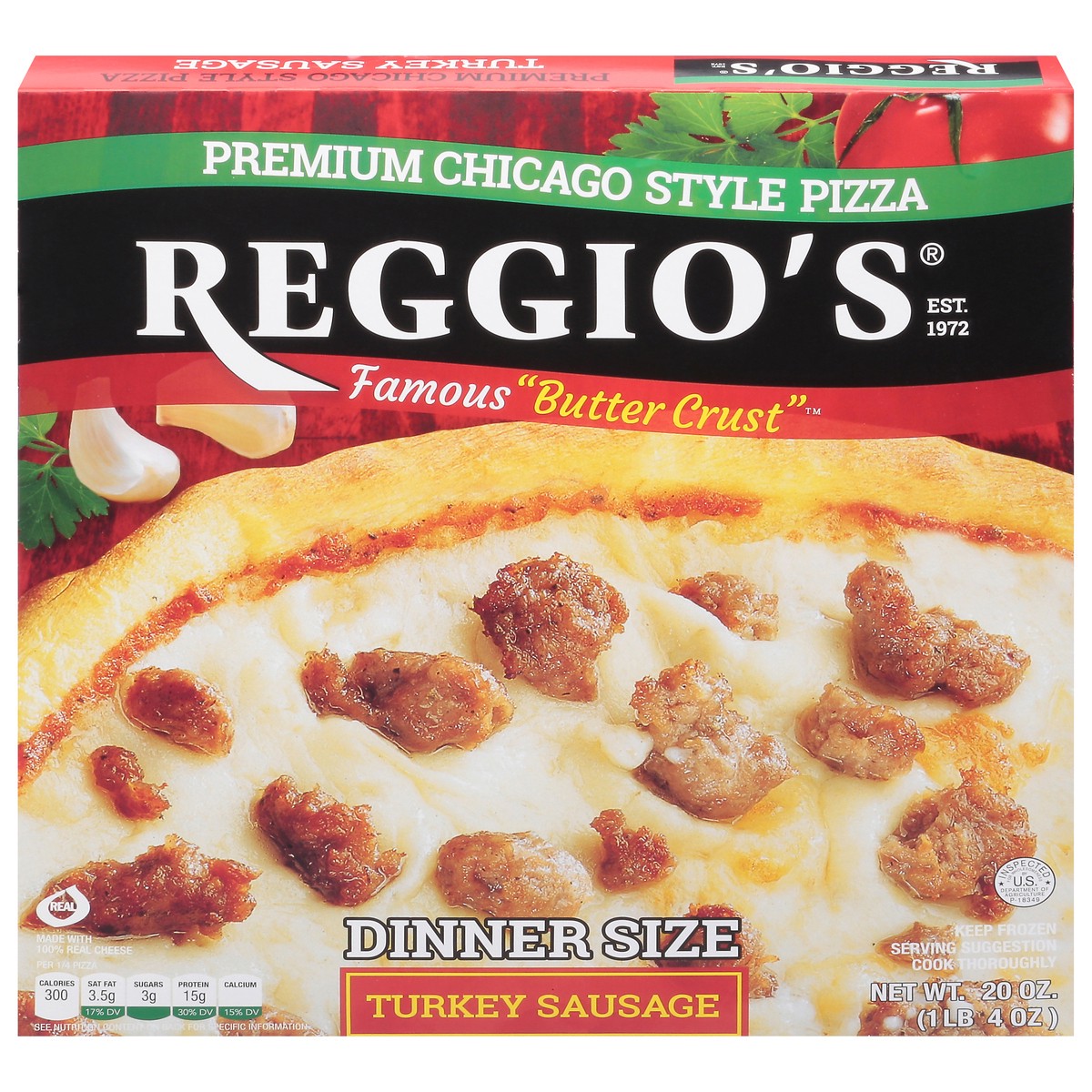 slide 11 of 14, Reggio's Premium Chicago Style Dinner Size Turkey Sausage Pizza 20 oz, 20 oz