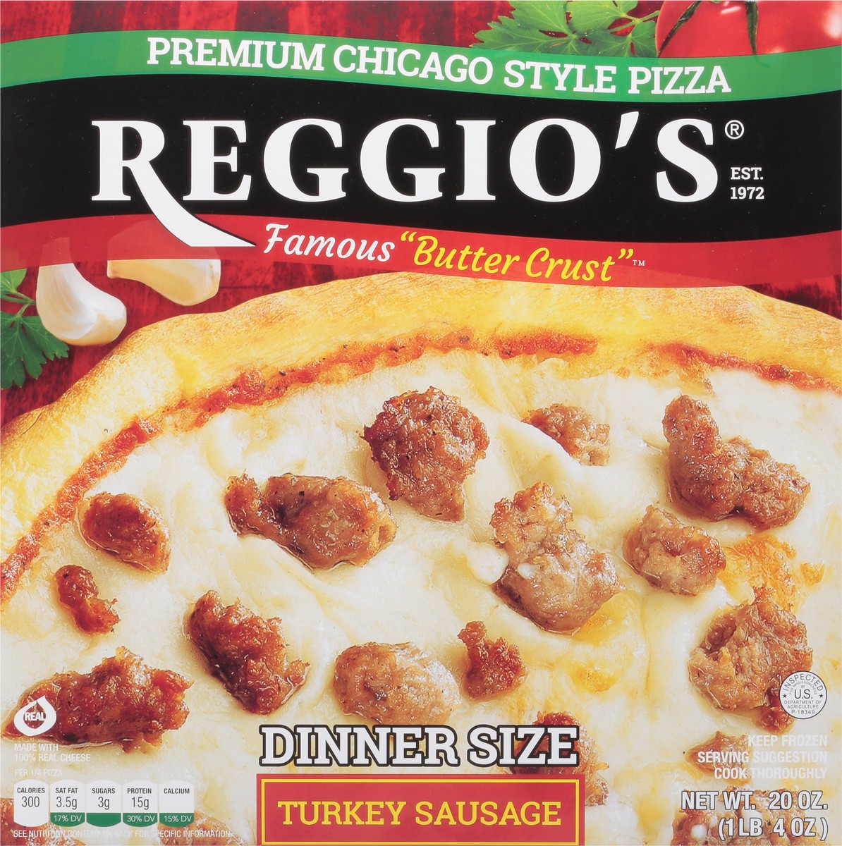 slide 2 of 14, Reggio's Premium Chicago Style Dinner Size Turkey Sausage Pizza 20 oz, 20 oz