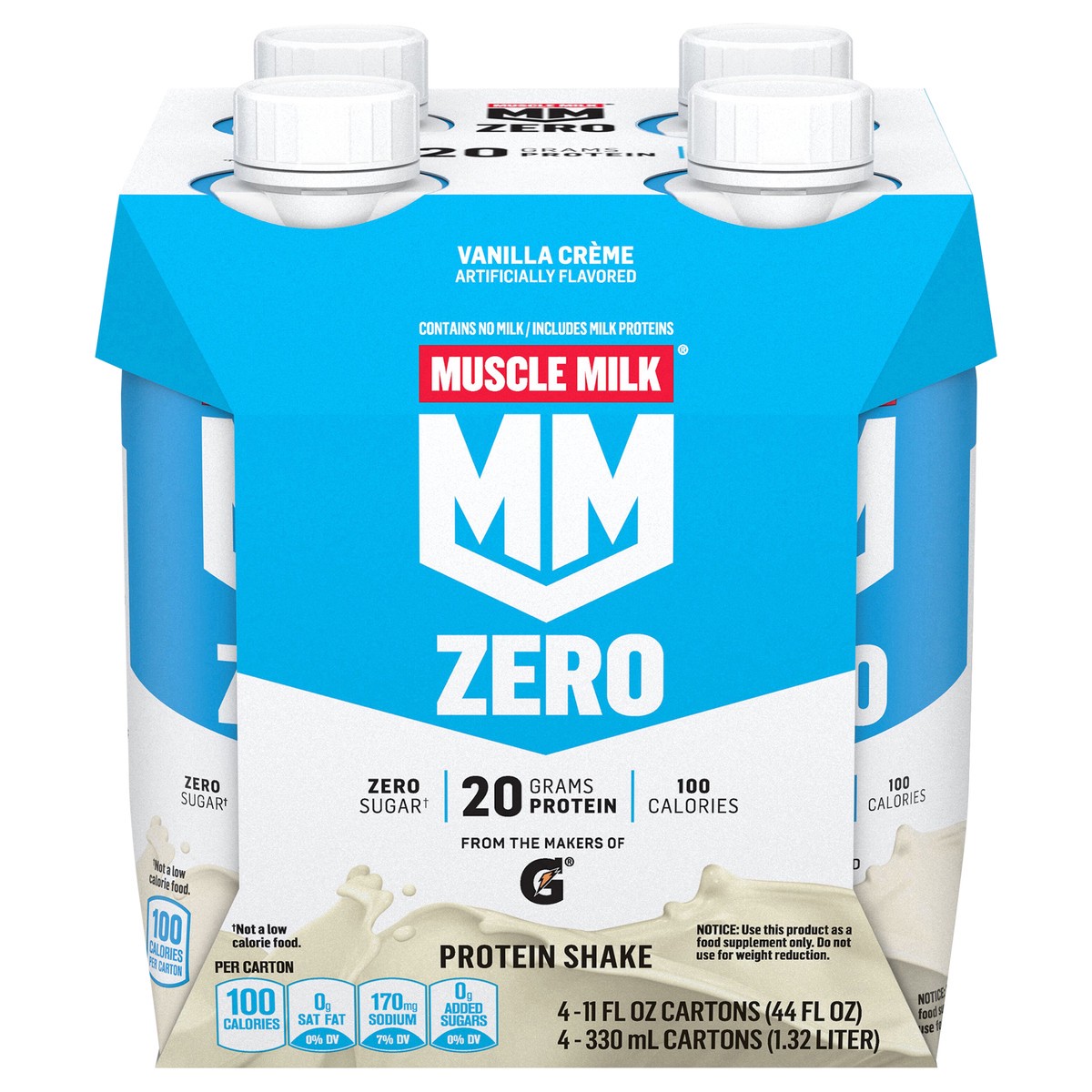 slide 1 of 1, Muscle Milk Zero Protein Shake Vanilla Crème Artificially Flavored 11 Fl Oz 4 Count, 4 ct