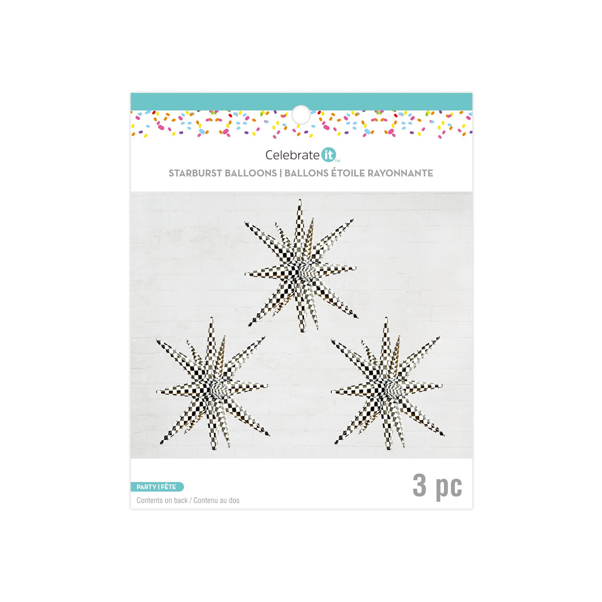 slide 2 of 3, 26" Black & White Checker Starburst Foil Balloons, 3ct. By Celebrate It, 3 ct