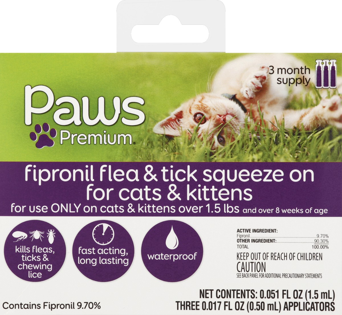 slide 4 of 6, Paws Happy Life Flea & Tick Squeeze On, Fipronil, for Cats & Kittens, 3 ct