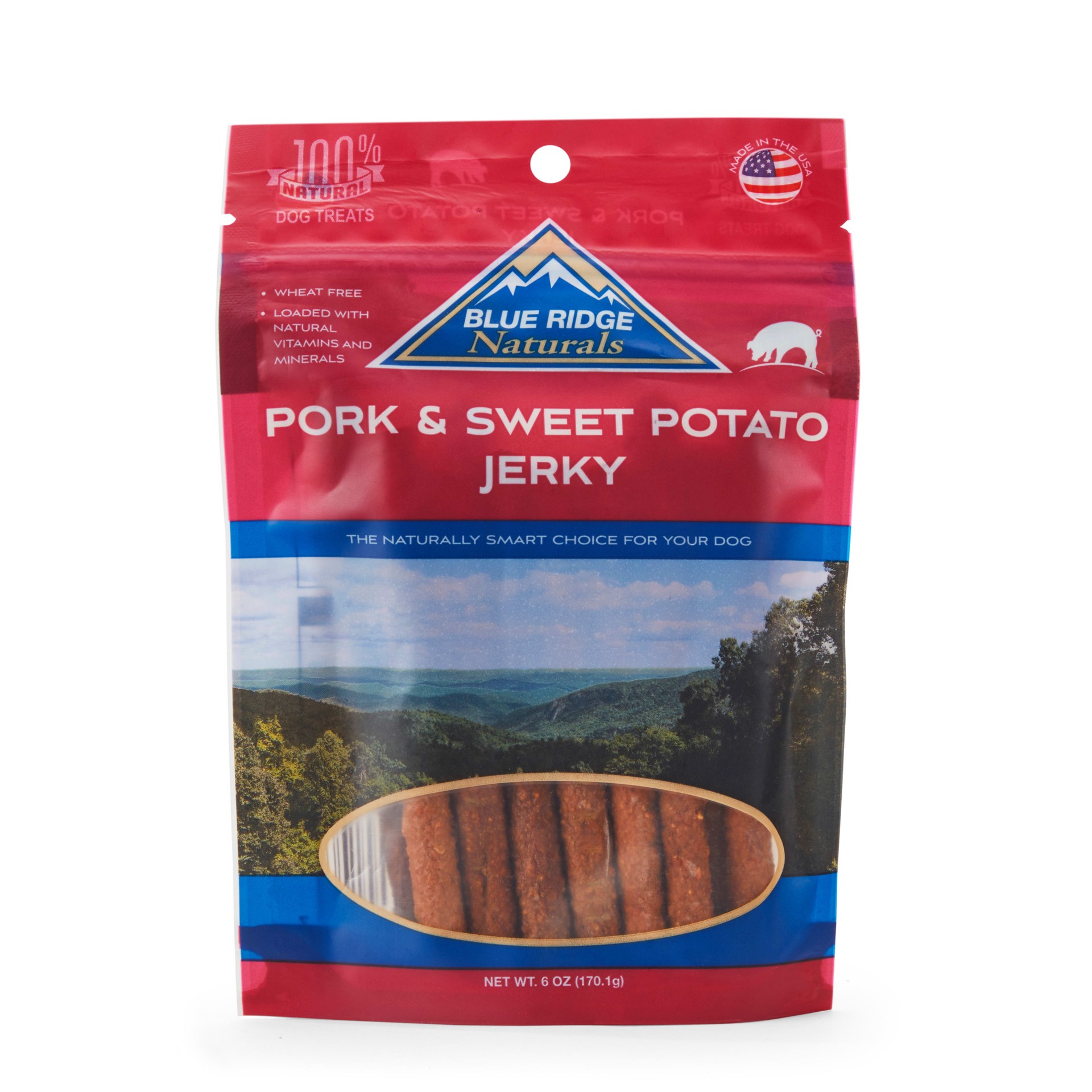 slide 1 of 1, Blue Ridge Naturals Real Pork & Sweet Tater Jerky Dog Treats, 6 oz