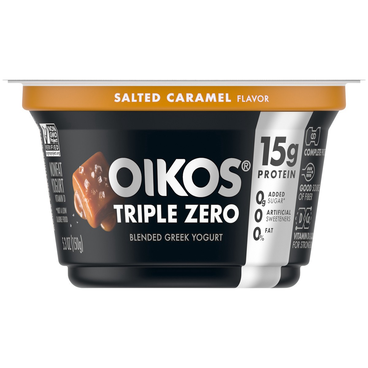slide 3 of 7, Oikos Salted Caramel 15g Protein, 0g Added Sugar, Nonfat Greek Yogurt, 5.3 OZ Cup, 5.3 oz