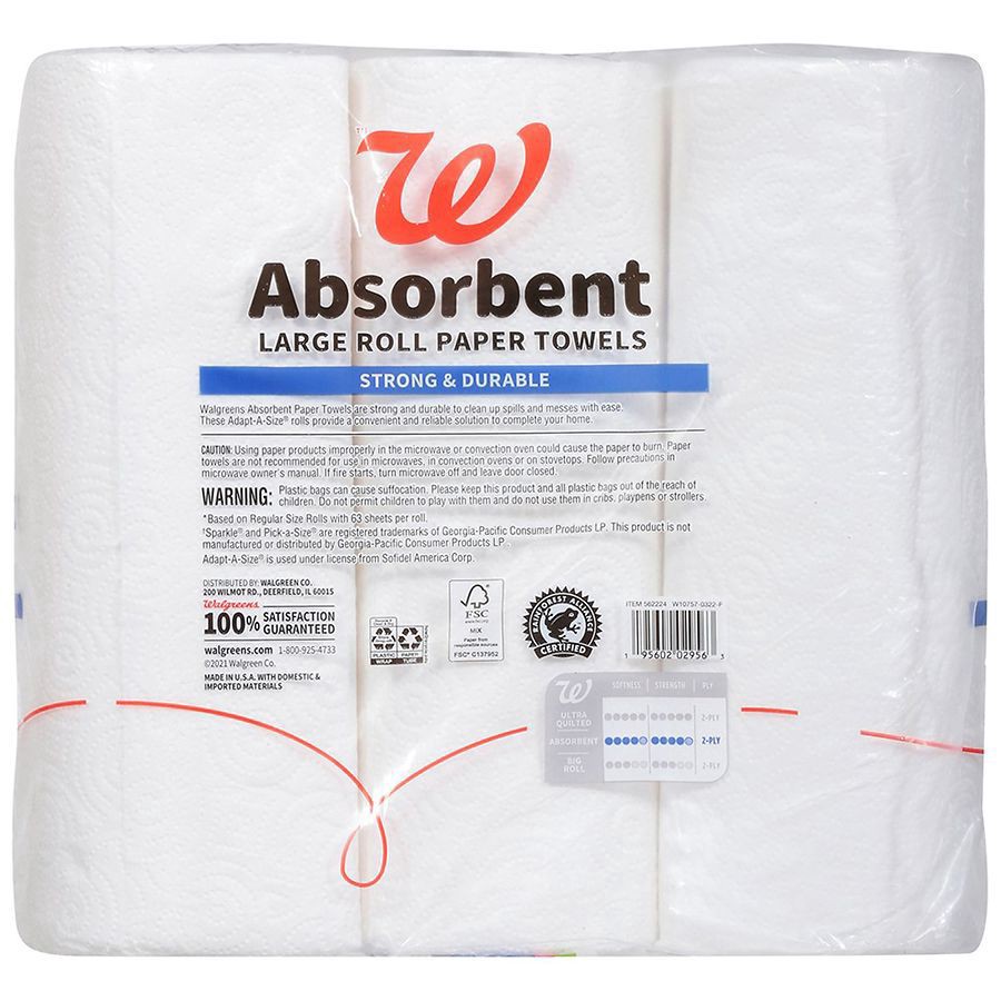 slide 2 of 2, Walgreens Absorbent Paper Towels 6 Rolls, 86 Sheets per Roll, 236.5 sq ft, 86 ct x 6 ct