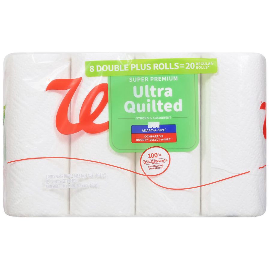 slide 1 of 2, Walgreens Super Premium Ultra Quilted Paper Towels 8 Rolls, 123 Sheets per Roll, 443.5 sq ft, 8 ct