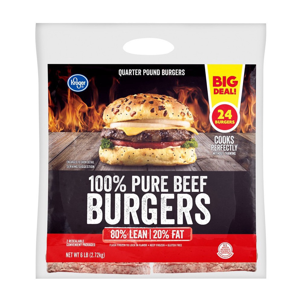 slide 2 of 2, Kroger 100% Pure Beef Quarter Pound Burgers, 6 lb