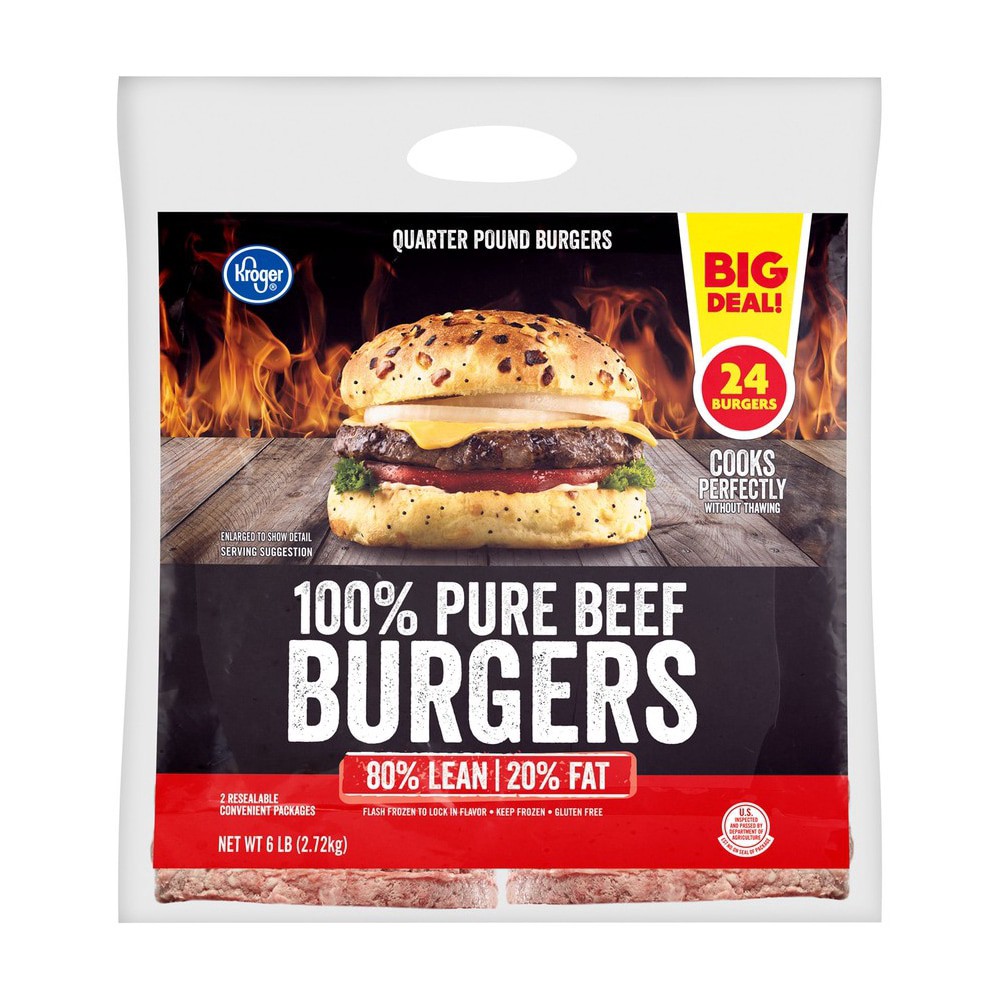 slide 1 of 2, Kroger 100% Pure Beef Quarter Pound Burgers, 6 lb