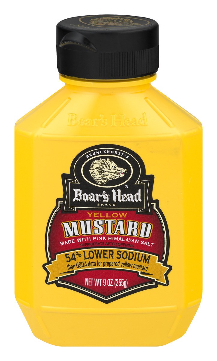 slide 1 of 9, Boar's Head 54% Lower Sodium Yellow Mustard, 1 ct