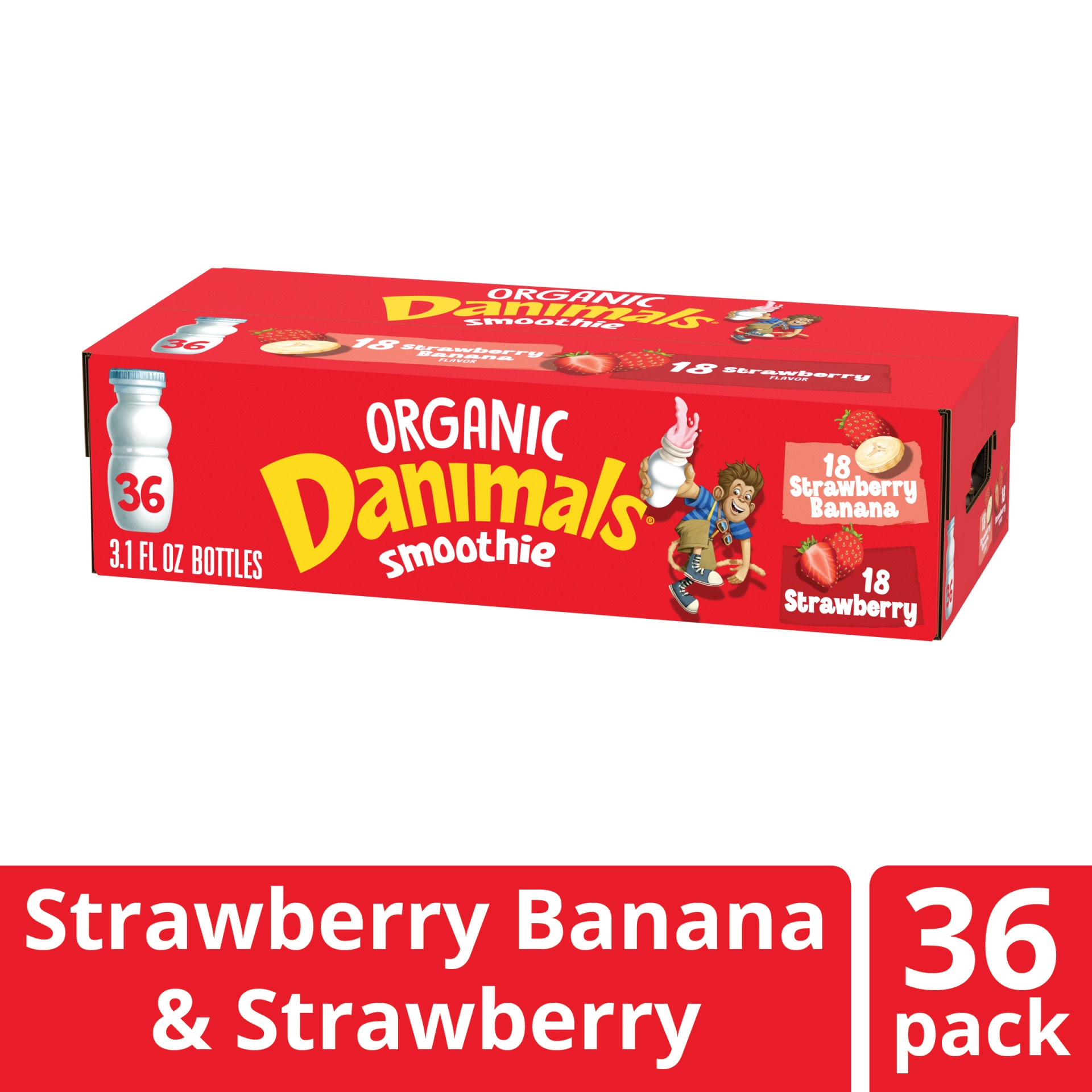 slide 1 of 5, Danimals Organic Strawberry & Strawberry Banana Variety Pack Smoothies Bottles, 3.1 fl oz