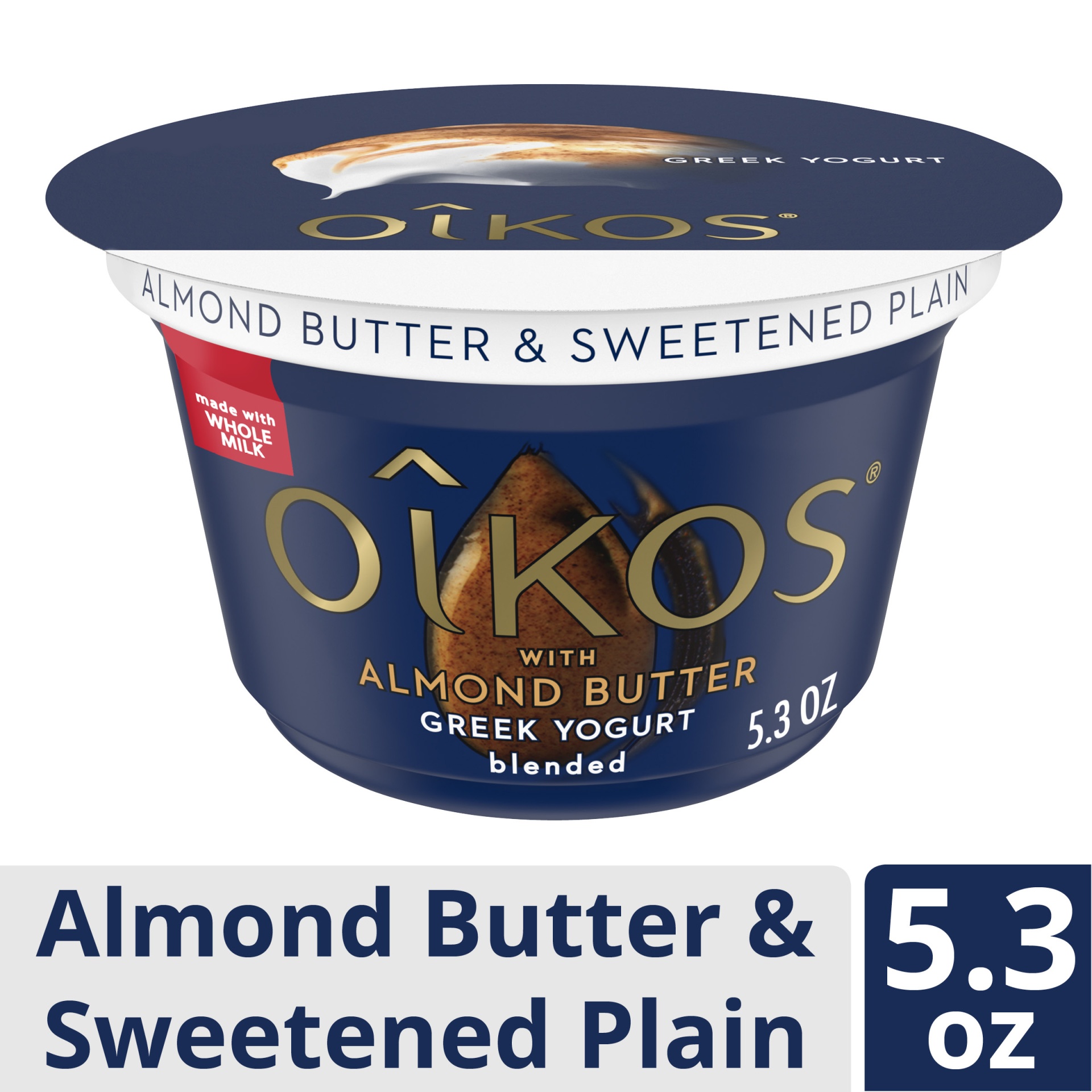 slide 1 of 1, Oikos Almond Butter & Sweetened Plain Greek Yogurt, 5.3 oz