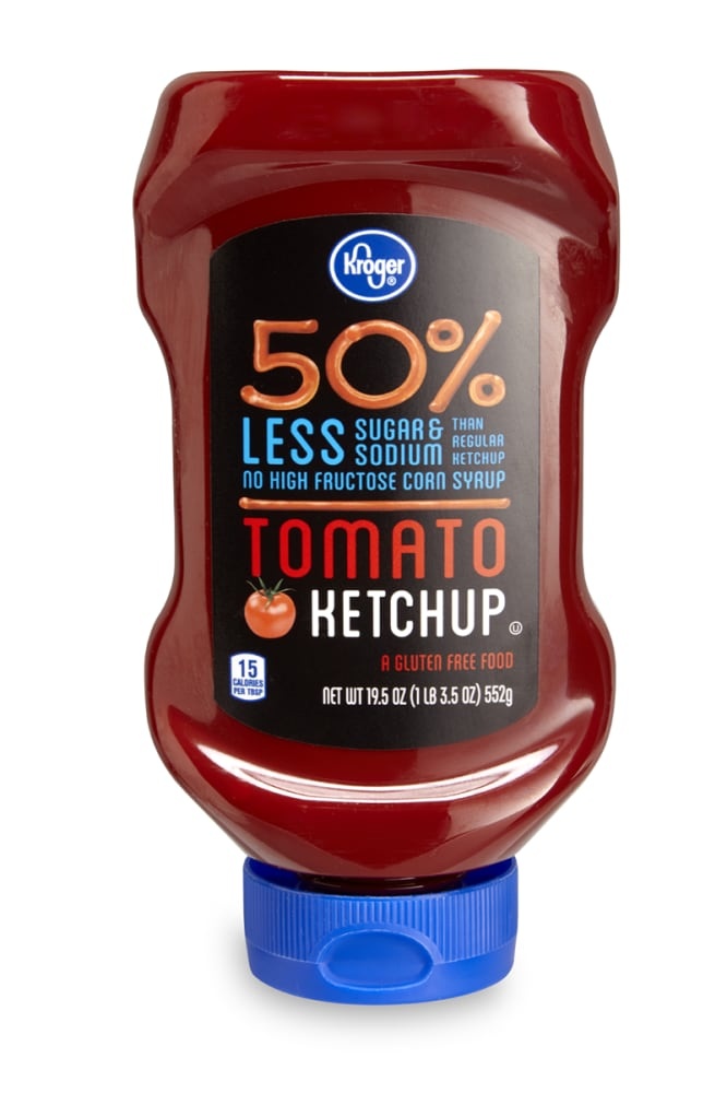 slide 1 of 1, Kroger 50% Less Sugar And Sodium Ketchup, 19.5 oz