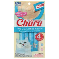 INABA Churu Tuna with Scallop Recipe Cat Treats, Grain-Free Lickable Creamy Purée with Vitamin E, 4 x 0.5 oz Tubes