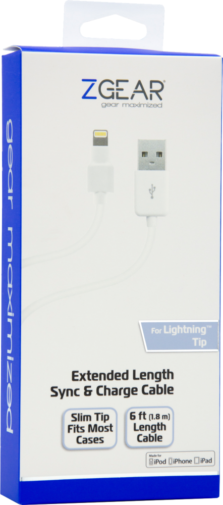 slide 1 of 1, Zgear Extended Length Sync & Charge Cable For Lightning Tip - White, 6 ft