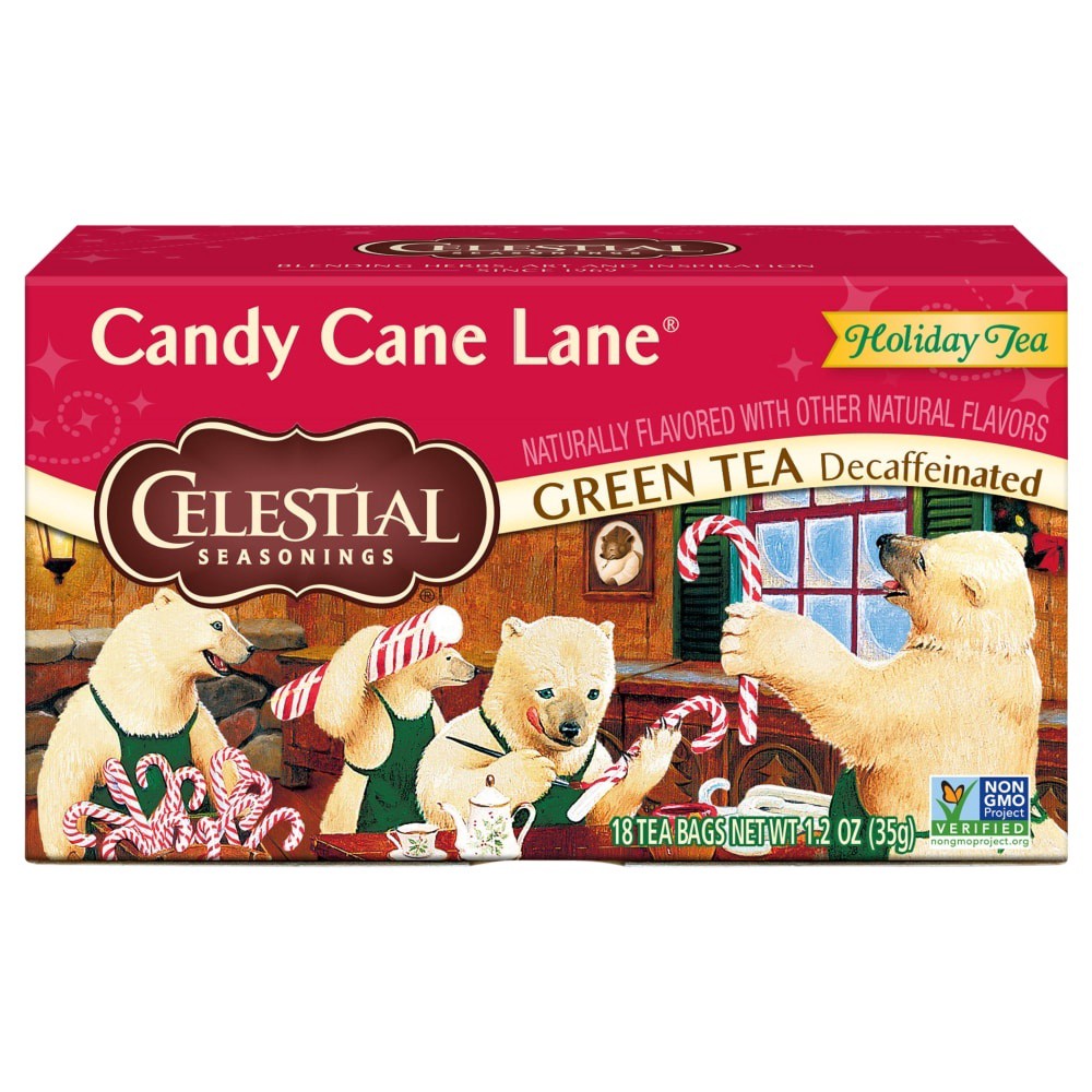 slide 1 of 1, Celestial Seasonings Decaffeinated Holiday Tea Bag Candy Cane Lane Green Tea 18 ea, 20 ct